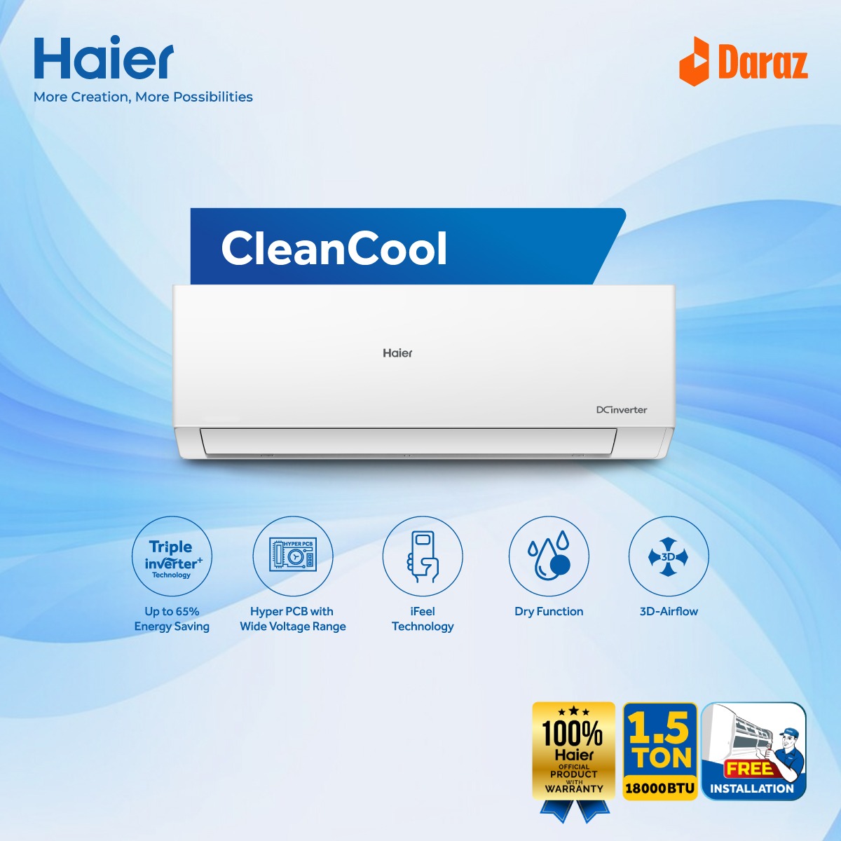 Haier 1.5 Ton CleanCool Inverter AC HSU-18CleanCool:(INV)(3DF)(QA)] with Free Delivery and Free Installation